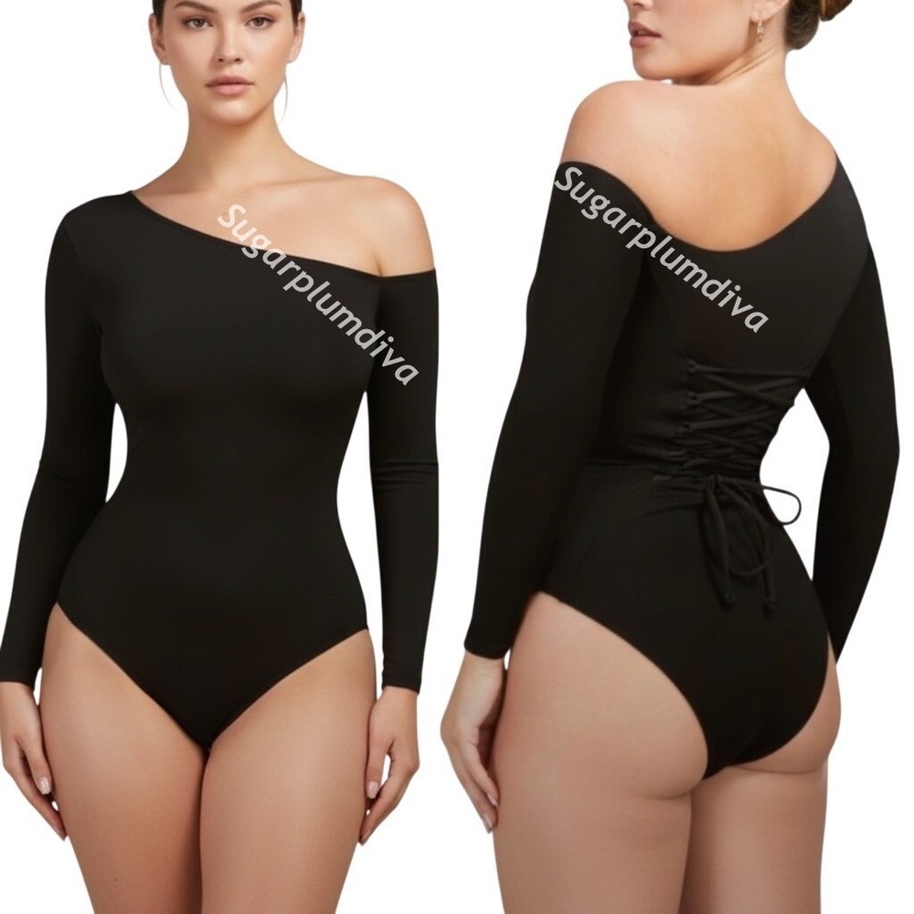 Ta3 Black One Shoulder Bodysuit MEDIUM Sculpting Fit Shapewear‎ Long Sleeves